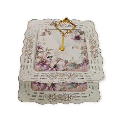 Platou etajat 2 nivele, patrat, model floral, Malooki