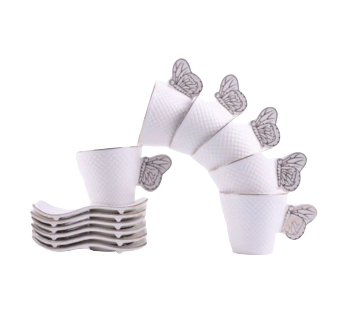 Set de cesti pentru cafea sau ceai Malooki, 6 cesti 200 ml cu 6 farfurioare, Fluture