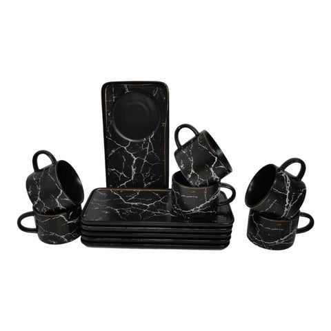 Set 6 cesti cafea sau ceai cu farfurioare, ceramica fina, model marmura neagra Malooki