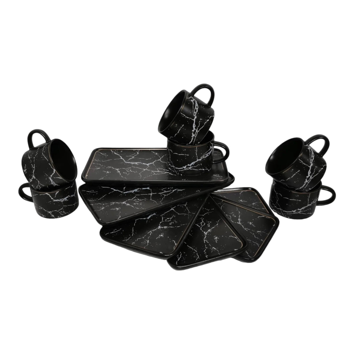 Set 6 cesti cafea sau ceai cu farfurioare, ceramica fina, model marmura neagra Malooki