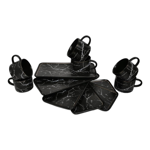Set 6 cesti cafea sau ceai cu farfurioare, ceramica fina, model marmura neagra Malooki