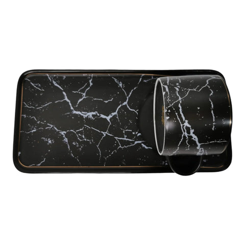 Set 2 cesti cafea sau ceai cu farfurioare, ceramică fina, marmura neagra, Malooki