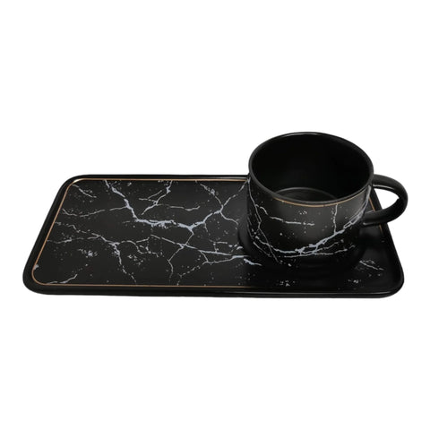 Set 2 cesti cafea sau ceai cu farfurioare, ceramică fina, marmura neagra, Malooki