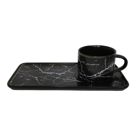 Set 2 cesti cafea sau ceai cu farfurioare, ceramică fina, marmura neagra, Malooki