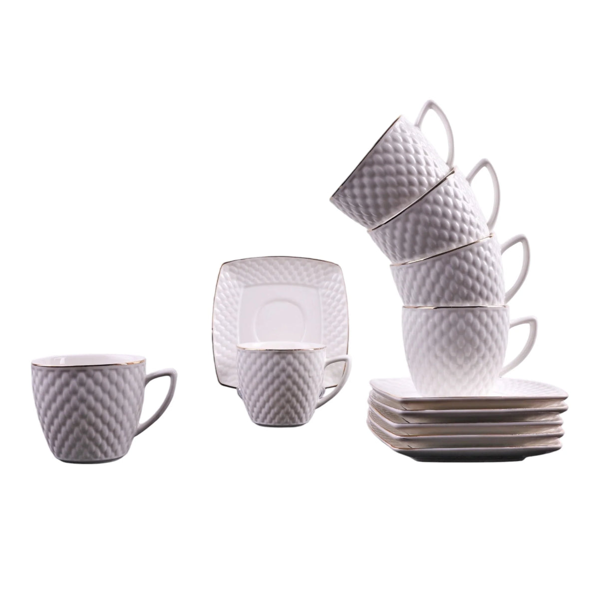 Set 6 cesti cu farfurioare alb elegant, 180 ml, Malooki luxury collection