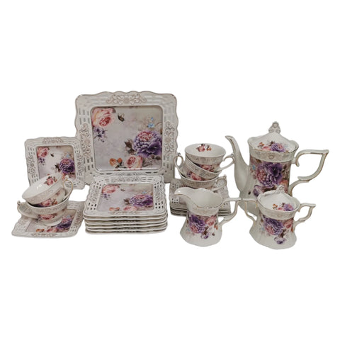 Serviciu pentru desert pentru 6 persoane, 22 de piese, set pentru tort + set de cesti , ceainic, zaharnita si latiera, Malooki, Peonies G