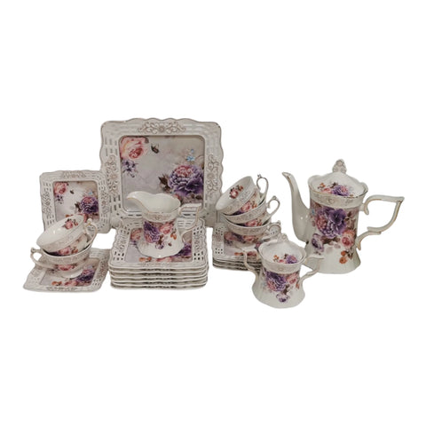Serviciu pentru desert pentru 6 persoane, 22 de piese, set pentru tort + set de cesti , ceainic, zaharnita si latiera, Malooki, Peonies G