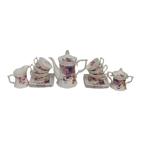 Serviciu pentru desert pentru 6 persoane, 22 de piese, set pentru tort + set de cesti , ceainic, zaharnita si latiera, Malooki, Peonies G