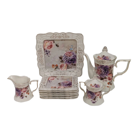Serviciu pentru desert pentru 6 persoane, 22 de piese, set pentru tort + set de cesti , ceainic, zaharnita si latiera, Malooki, Peonies G