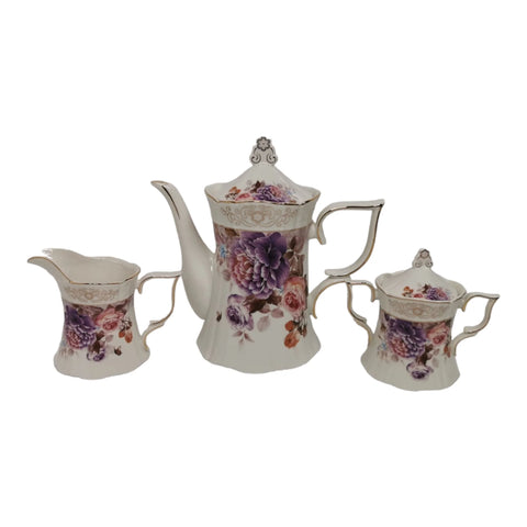 Serviciu pentru desert pentru 6 persoane, 22 de piese, set pentru tort + set de cesti , ceainic, zaharnita si latiera, Malooki, Peonies G