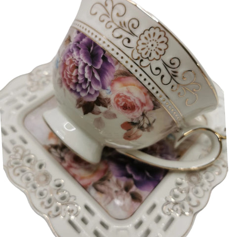 Serviciu pentru desert pentru 6 persoane, 22 de piese, set pentru tort + set de cesti , ceainic, zaharnita si latiera, Malooki, Peonies G