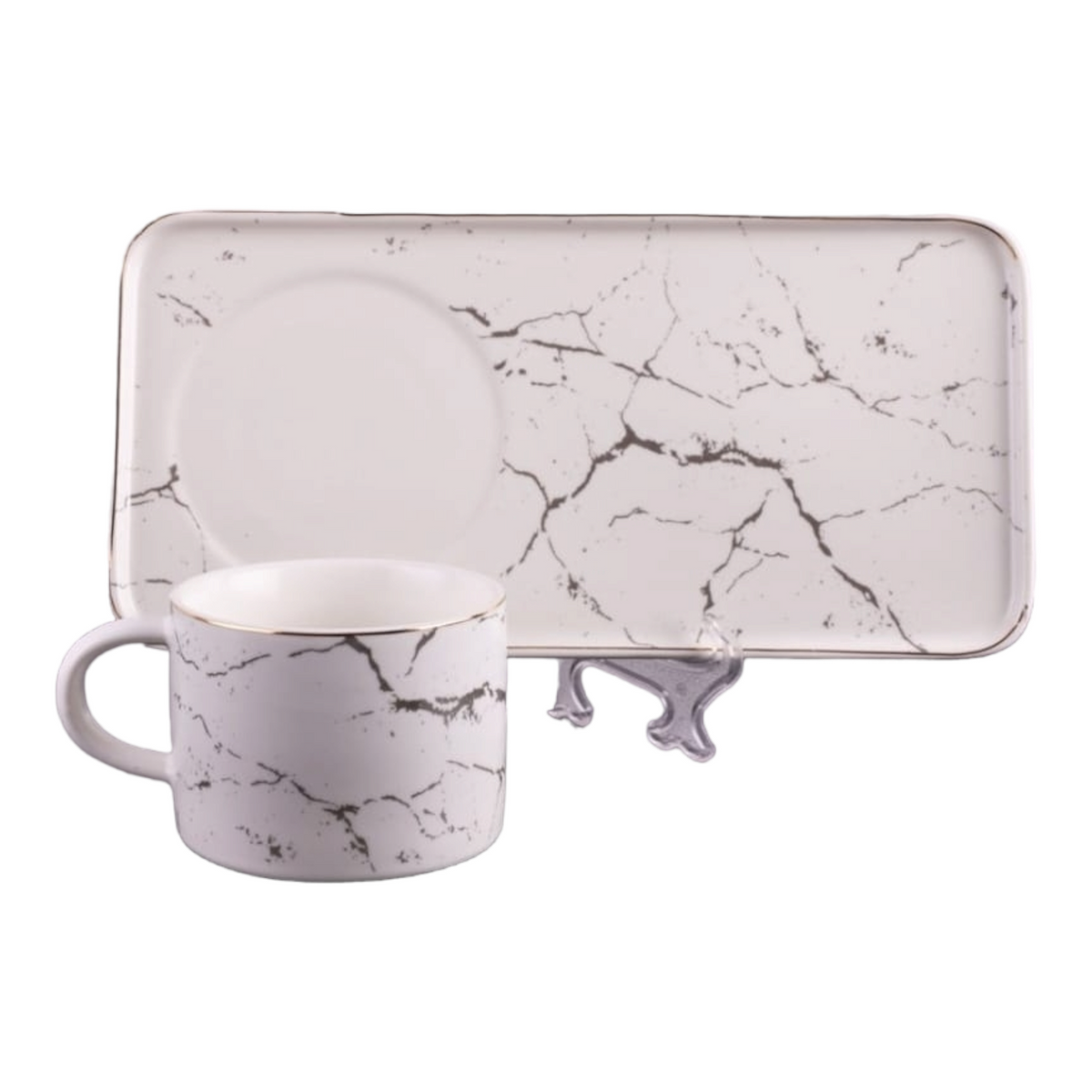 Set 2 cesti cafea sau ceai cu farfurioare, ceramica fina, marmura alba Malooki