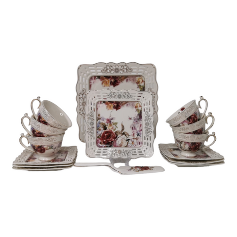 Serviciu pentru desert de 20 de piese , pentru 6 persoane, set pentru tort si set de cesti pentru ceai sau cafea, Malooki, model floral