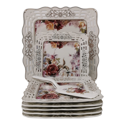 Serviciu pentru desert de 20 de piese , pentru 6 persoane, set pentru tort si set de cesti pentru ceai sau cafea, Malooki, model floral