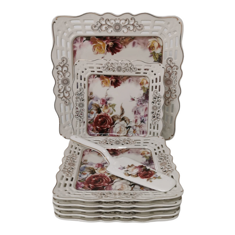 Serviciu pentru desert de 20 de piese , pentru 6 persoane, set pentru tort si set de cesti pentru ceai sau cafea, Malooki, model floral