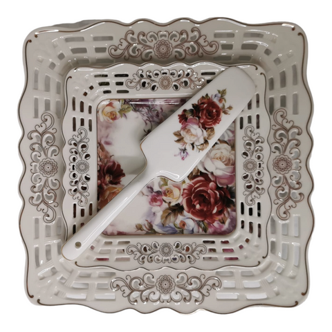 Serviciu pentru desert de 20 de piese , pentru 6 persoane, set pentru tort si set de cesti pentru ceai sau cafea, Malooki, model floral