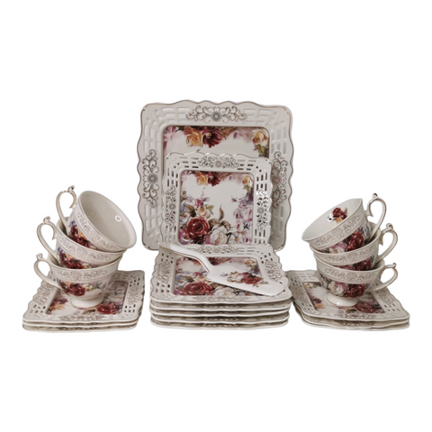 Serviciu pentru desert de 20 de piese , pentru 6 persoane, set pentru tort si set de cesti pentru ceai sau cafea, Malooki, model floral
