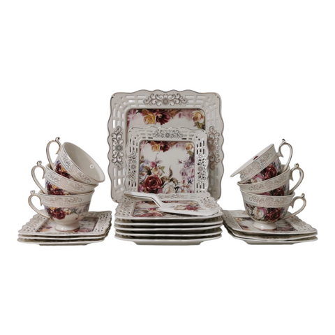 Serviciu pentru desert de 20 de piese , pentru 6 persoane, set pentru tort si set de cesti pentru ceai sau cafea, Malooki, model floral