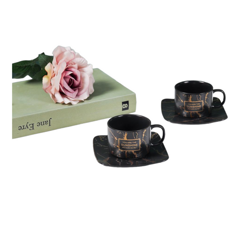 Set de 6 cesti cu 6 farfurii 150 ml, negru, Malooki Luxury Collection