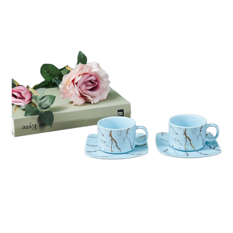 Set de 6 cesti cu 6 farfurii 150 ml, Malooki albastru cu insertii aurii