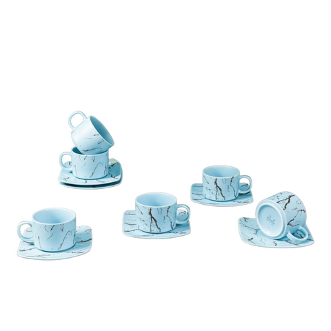 Set de 6 cesti cu 6 farfurii 150 ml, Malooki albastru cu insertii aurii