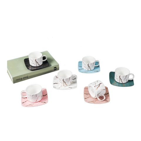 Set de 6 cesti albe, 150 ml cu 6 farfurii color, Malooki Luxury