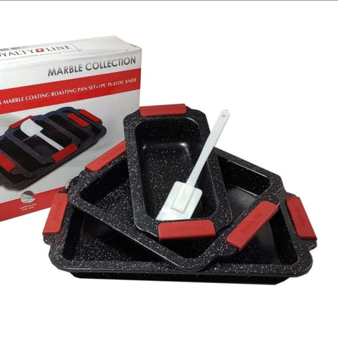 Set 3 tavi cu interior marmorat cu manere silicon si 1 spatula, Royalty Line RL-MCC3A