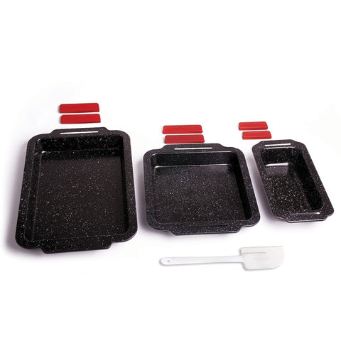 Set 3 tavi cu interior marmorat cu manere silicon si 1 spatula, Royalty Line RL-MCC3A