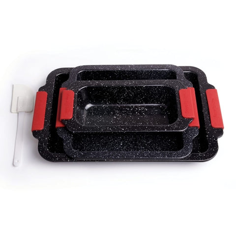 Set 3 tavi cu interior marmorat cu manere silicon si 1 spatula, Royalty Line RL-MCC3A
