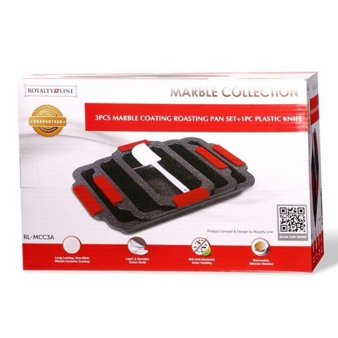 Set 3 tavi cu interior marmorat cu manere silicon si 1 spatula, Royalty Line RL-MCC3A