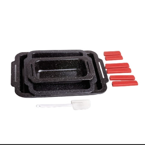 Set 3 tavi cu interior marmorat cu manere silicon si 1 spatula, Royalty Line RL-MCC3A