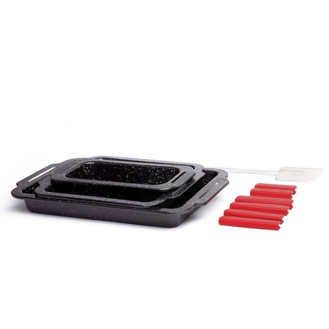 Set 3 tavi cu interior marmorat cu manere silicon si 1 spatula, Royalty Line RL-MCC3A