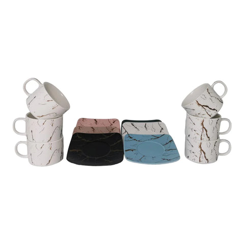 Set de 6 cesti albe, 150 ml cu 6 farfurii color, Malooki Luxury