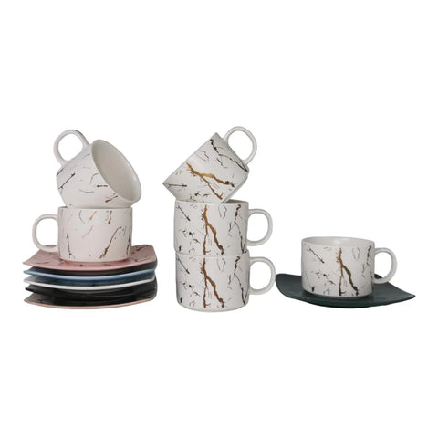 Set de 6 cesti albe, 150 ml cu 6 farfurii color, Malooki Luxury