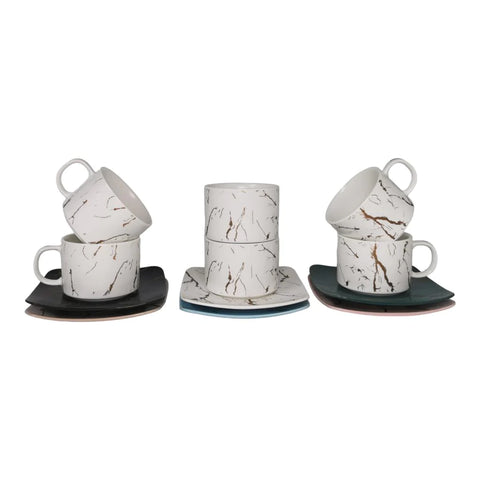 Set de 6 cesti albe, 150 ml cu 6 farfurii color, Malooki Luxury