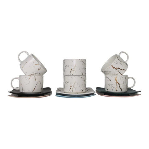 Set de 6 cesti albe, 150 ml cu 6 farfurii color, Malooki Luxury