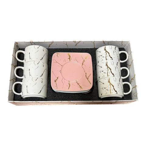 Set de 6 cesti albe, 150 ml cu 6 farfurii color, Malooki Luxury