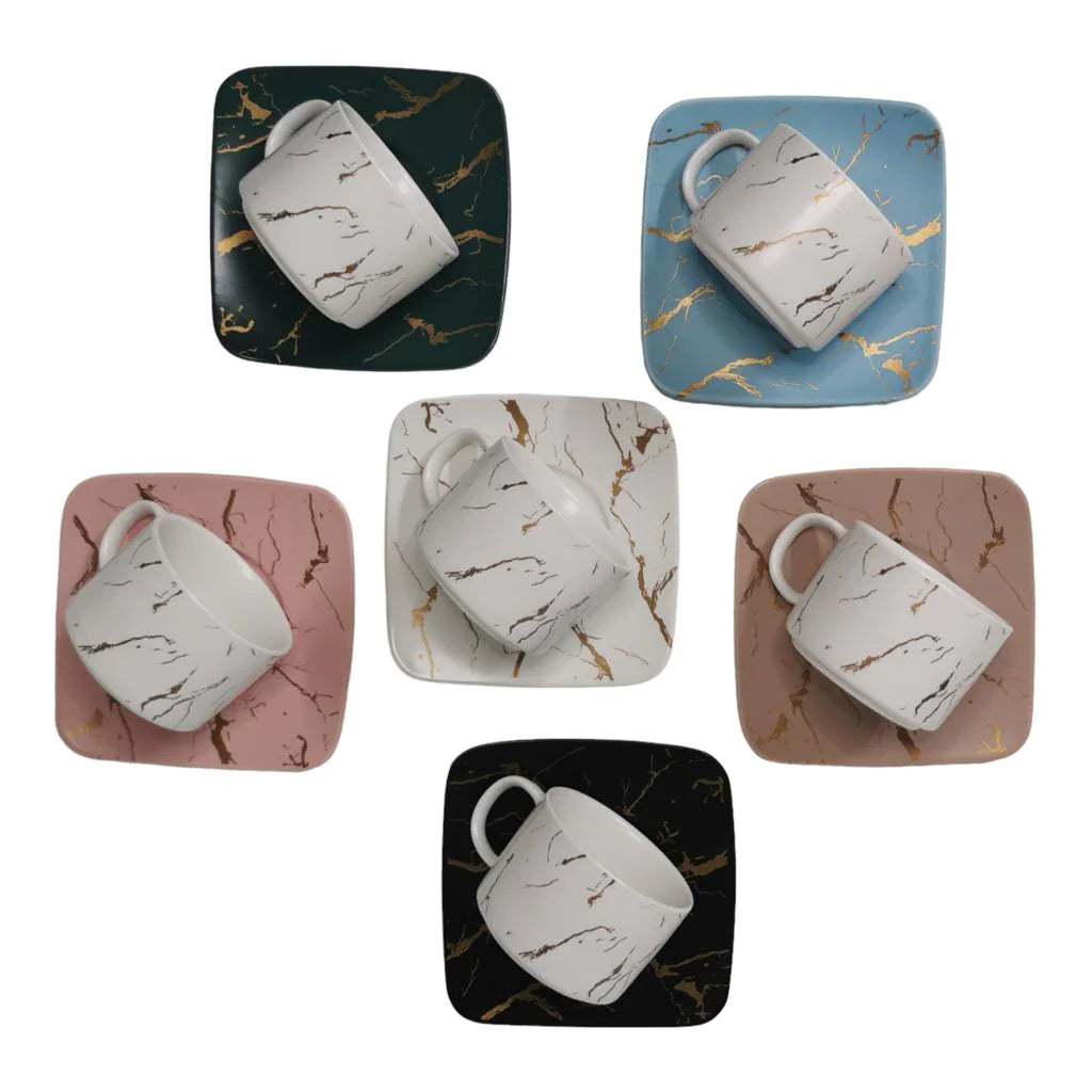 Set de 6 cesti albe, 150 ml cu 6 farfurii color, Malooki Luxury