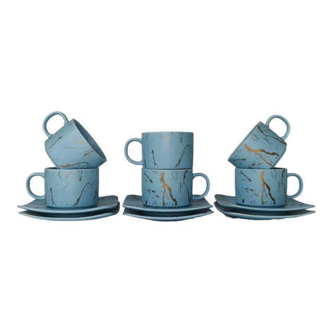 Set de 6 cesti cu 6 farfurii 150 ml, Malooki albastru cu insertii aurii
