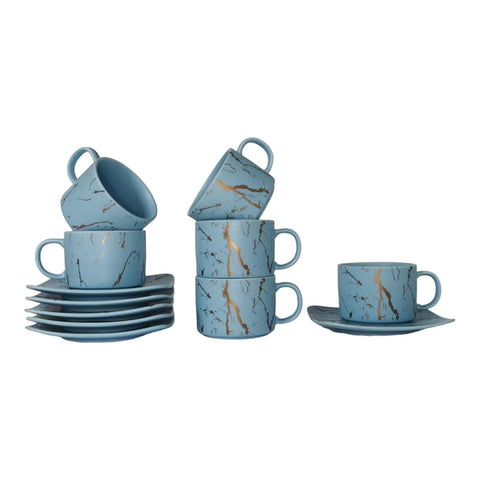 Set de 6 cesti cu 6 farfurii 150 ml, Malooki albastru cu insertii aurii