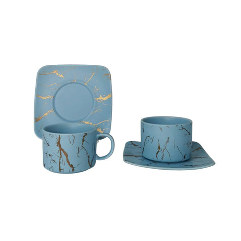 Set de 6 cesti cu 6 farfurii 150 ml, Malooki albastru cu insertii aurii