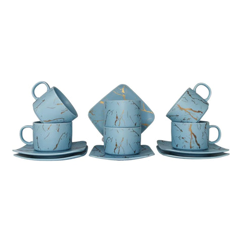 Set de 6 cesti cu 6 farfurii 150 ml, Malooki albastru cu insertii aurii