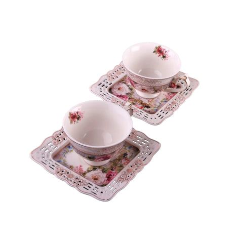 Set 2 cesti cu 2 farfurioare MALOOKI, imprimeuri florale, 190 ml, 7505-2