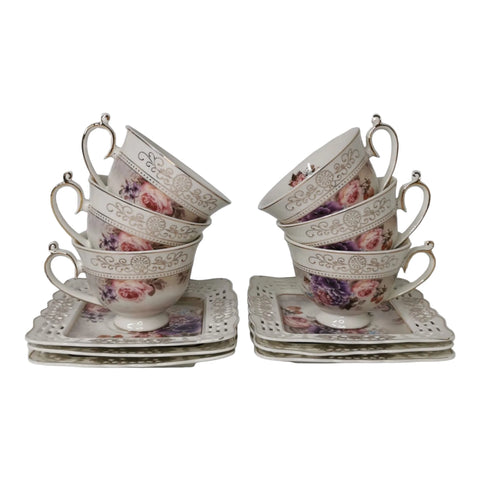 Serviciu pentru desert de 20 de piese, pentru 6 persoane, set pentru tort si set de cesti pentru ceai sau cafea, Malooki ,Peonies G
