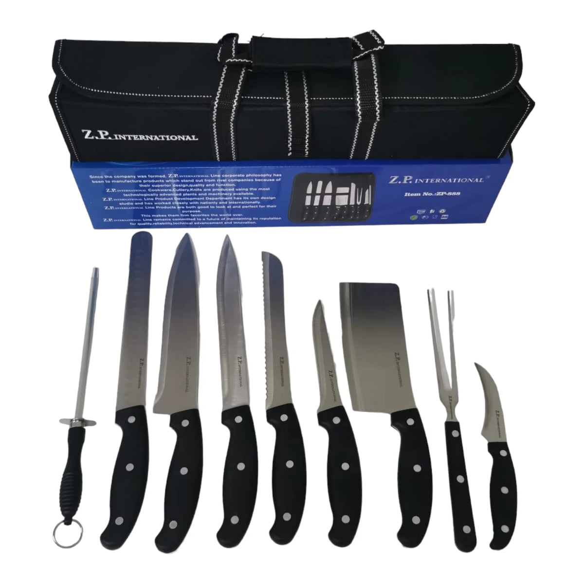Set profesional de cutite si ustensile cu husa de transportare neagra, ZP-888