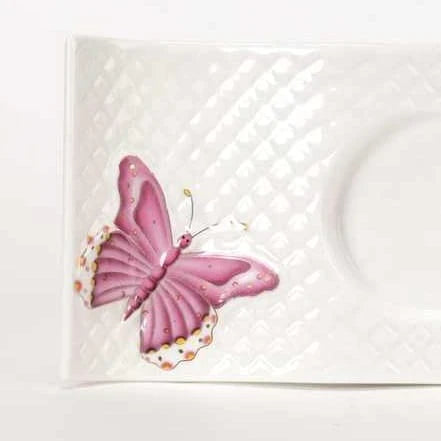 Set 2 cesti Cafea sau Ceai cu farfurioare, fluture roz