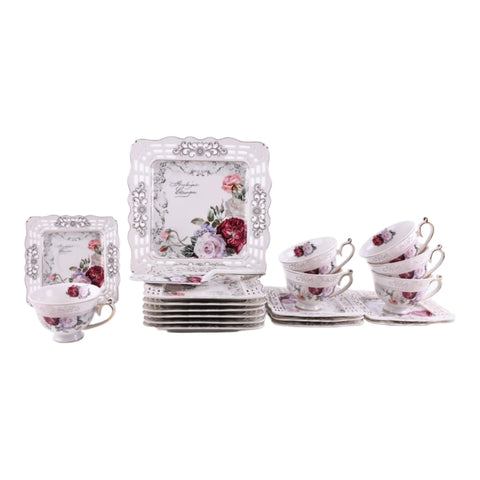 Serviciu pentru desert de 20 de piese , pentru 6 persoane, set pentru tort si set de cesti pentru ceai sau cafea, Malooki, model dantelat