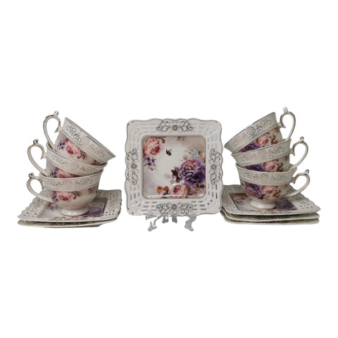 Serviciu pentru desert de 20 de piese, pentru 6 persoane, set pentru tort si set de cesti pentru ceai sau cafea, Malooki ,Peonies G