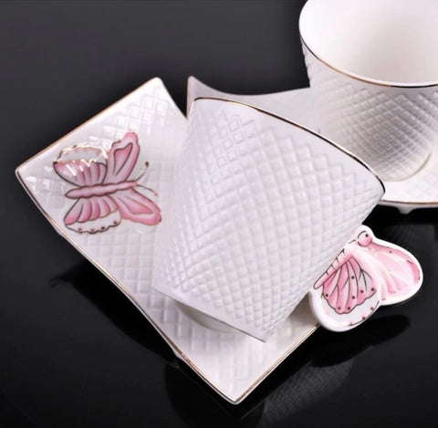 Set 6 cesti Cafea sau Ceai cu farfurioare, fluture roz