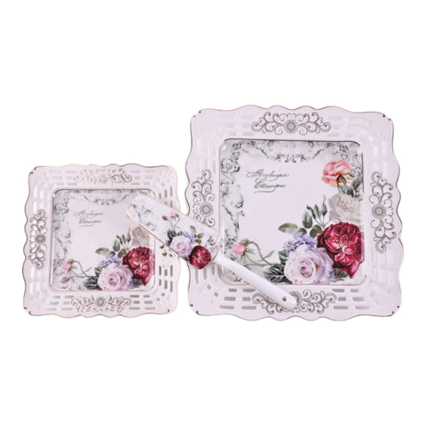 Serviciu pentru desert de 20 de piese , pentru 6 persoane, set pentru tort si set de cesti pentru ceai sau cafea, Malooki, model dantelat